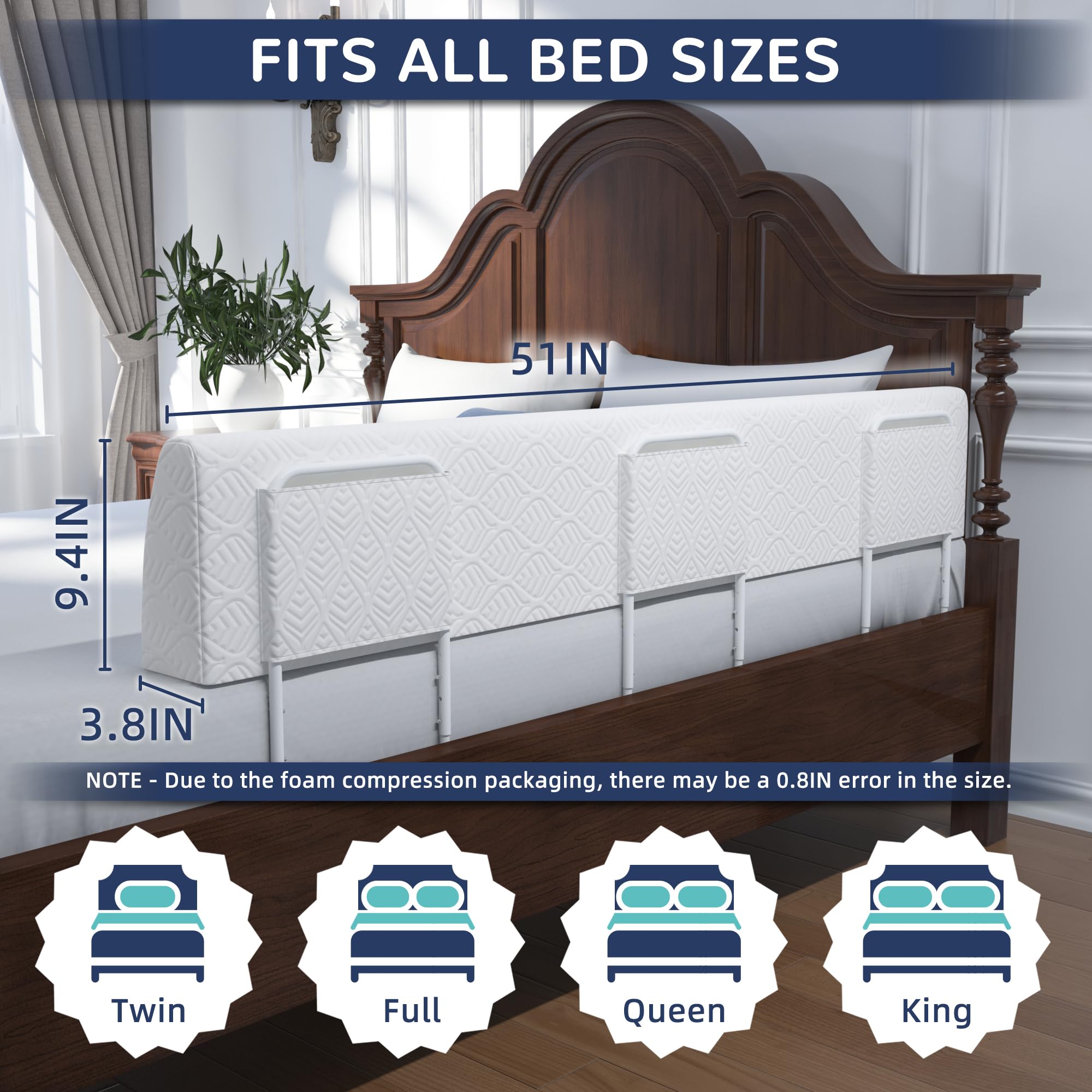 FigTime bed rail fits twin to king beds for versatile room setups.