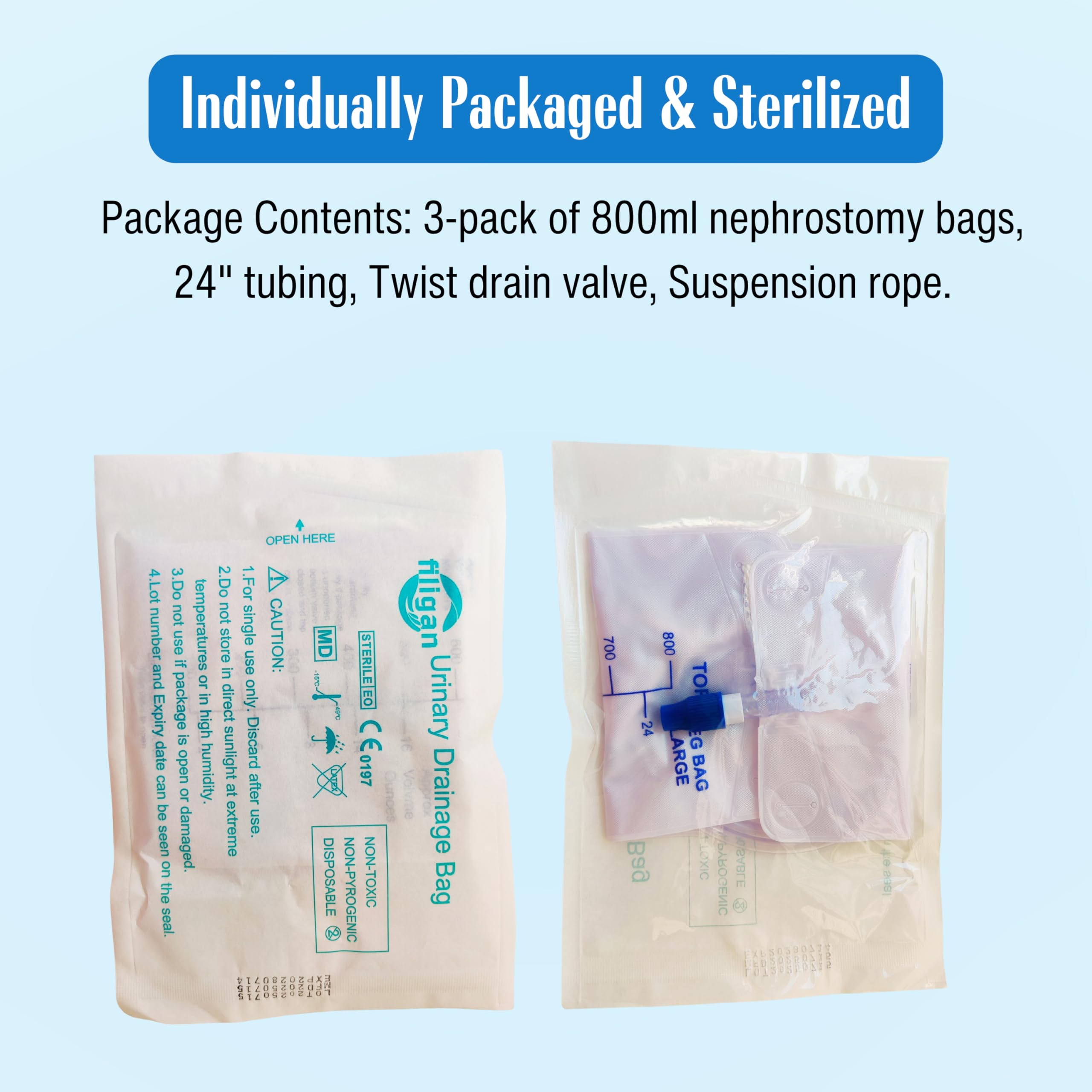 Filigan 800ml bag features clear volume markings for monitoring.