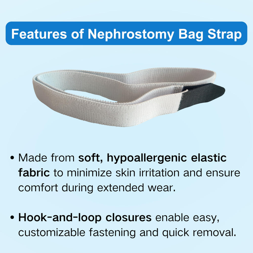 Filigan nephrostomy bag strap holder with non-slip design reducing movement during activity.
