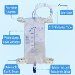 Filigan urine drainage bag 80cm silicone tube enables flexible positioning for patient comfort.