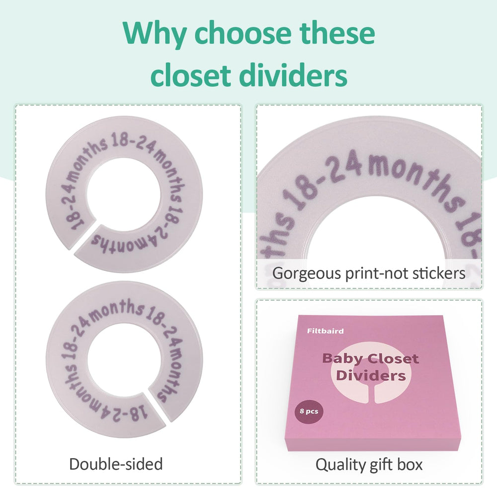 Filtbaird age-based labels simplify growing baby wardrobe planning and access.