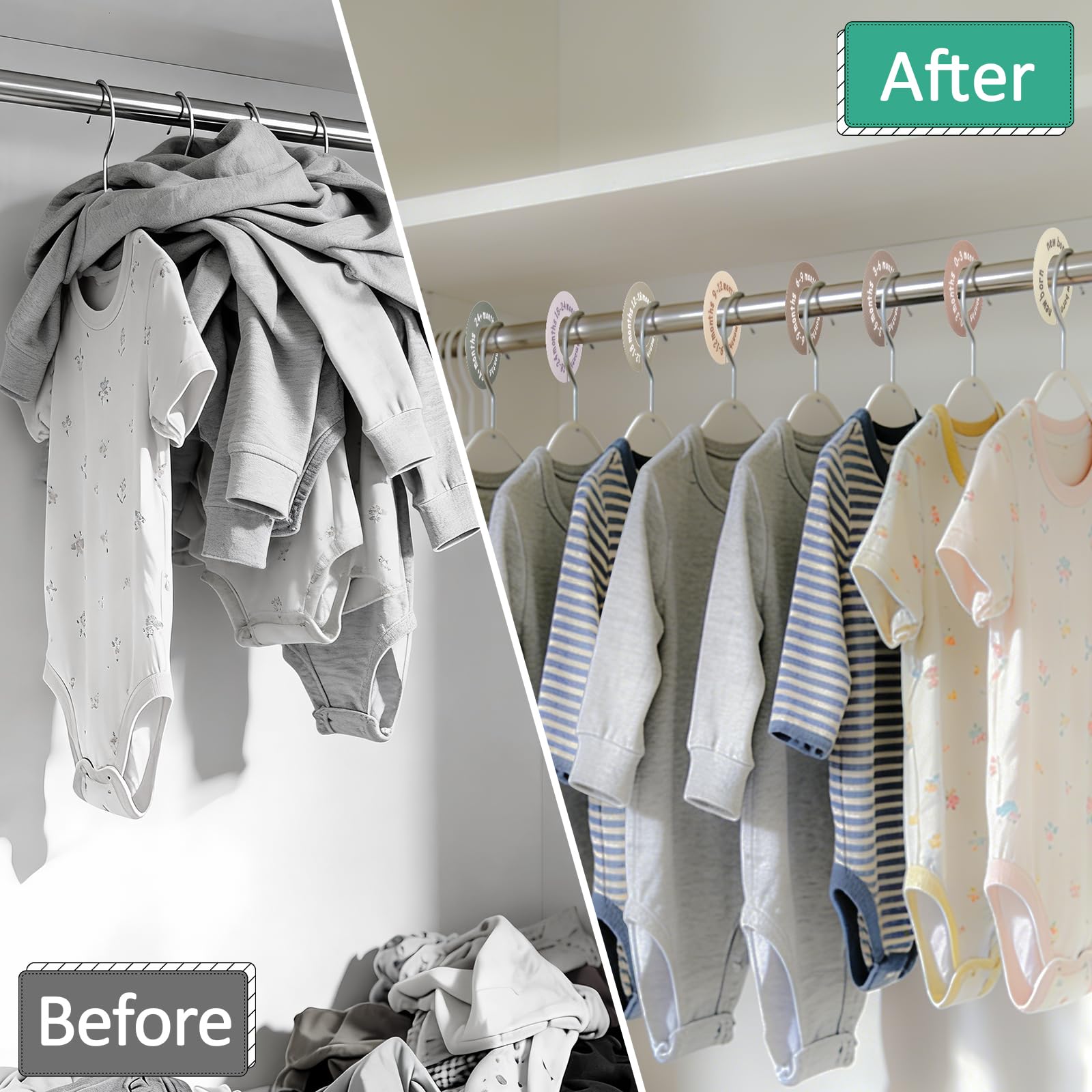 Filtbaird rod-mounted closet dividers fit standard rods for fast, organized wardrobe sorting.