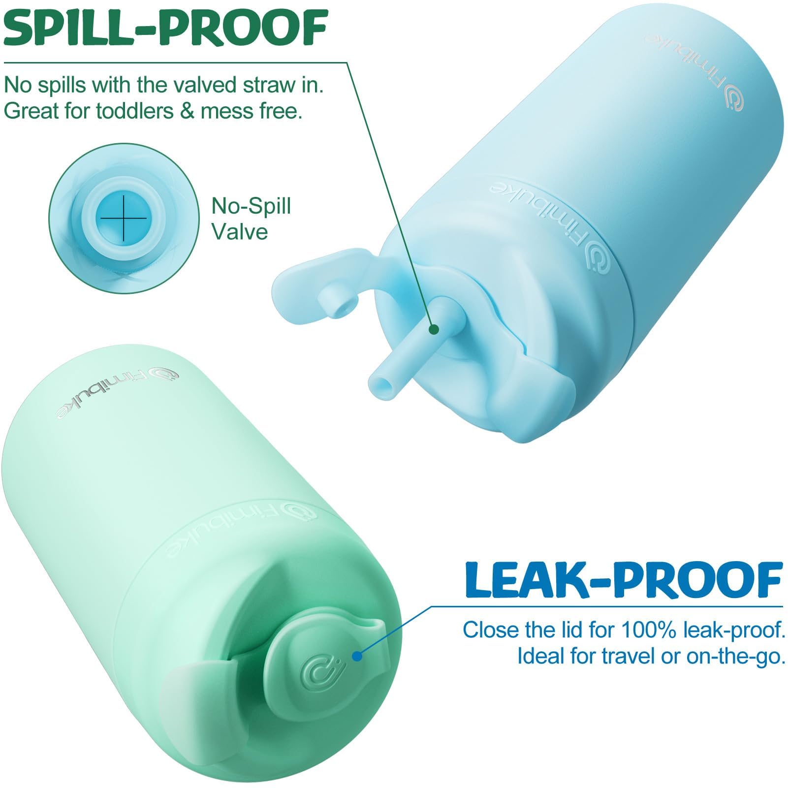 Fimibuke twist-lock top on cup emphasizes secure spill-proof seal during travel.