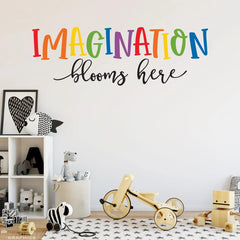 Finduat Imagination Blooms Here decal on classroom wall encourages positivity.