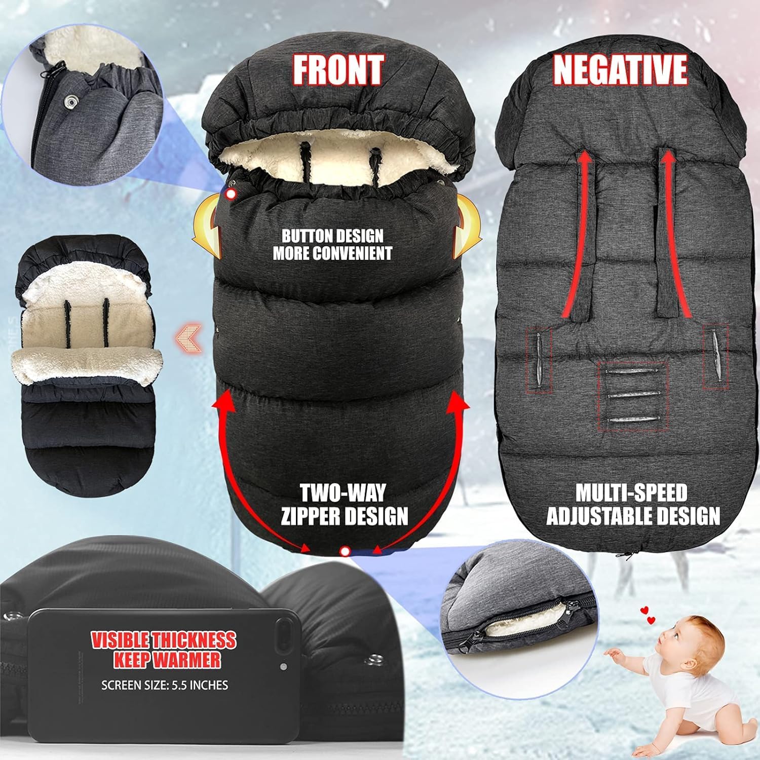 FindXeink footmuff adjustable belt openings fit securely.