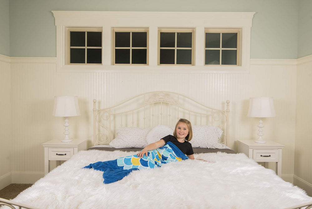 Fin Fun mermaid tail blanket suitable for nap time and play.
