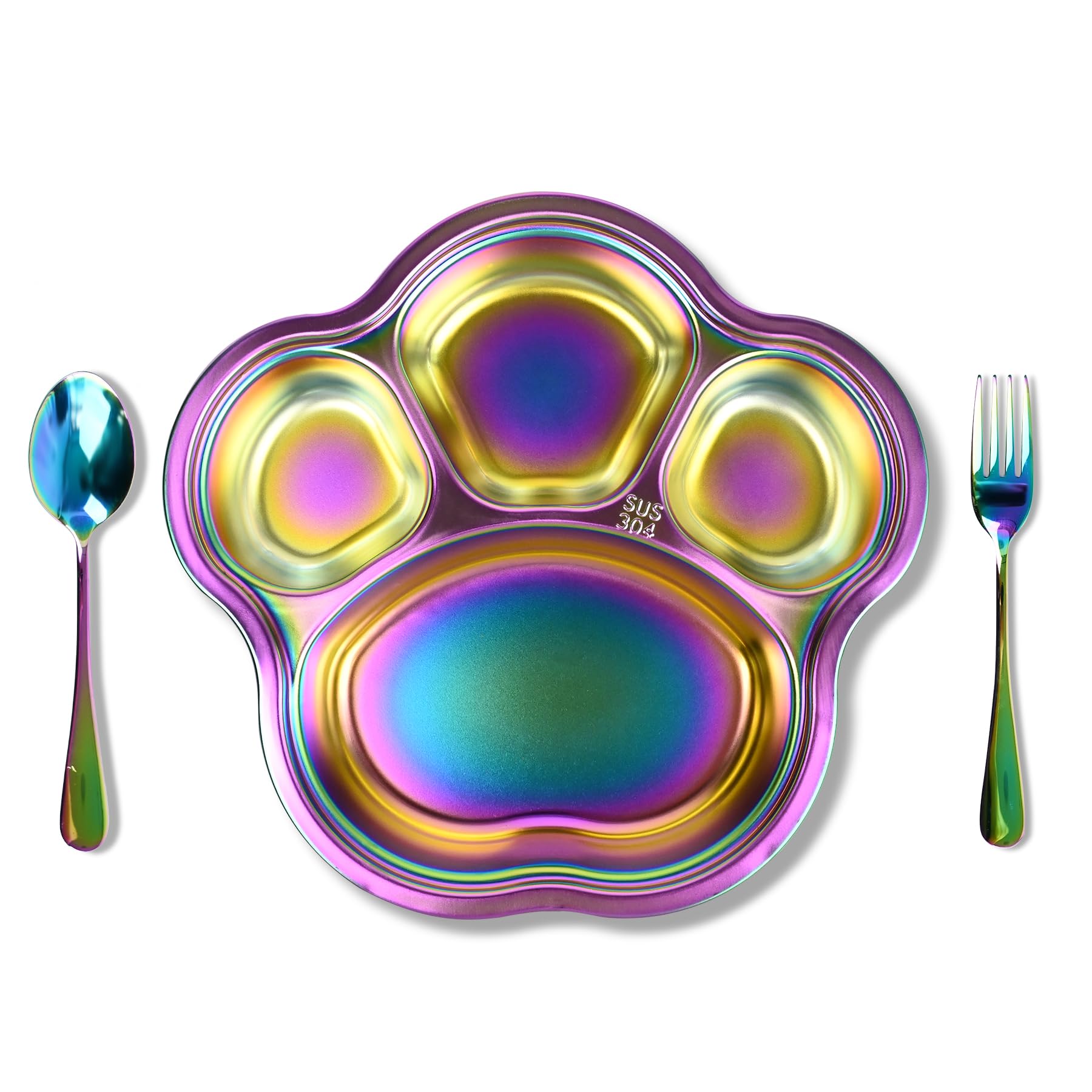 Finopro cat-paw plate in rainbow finish for kid-friendly meals