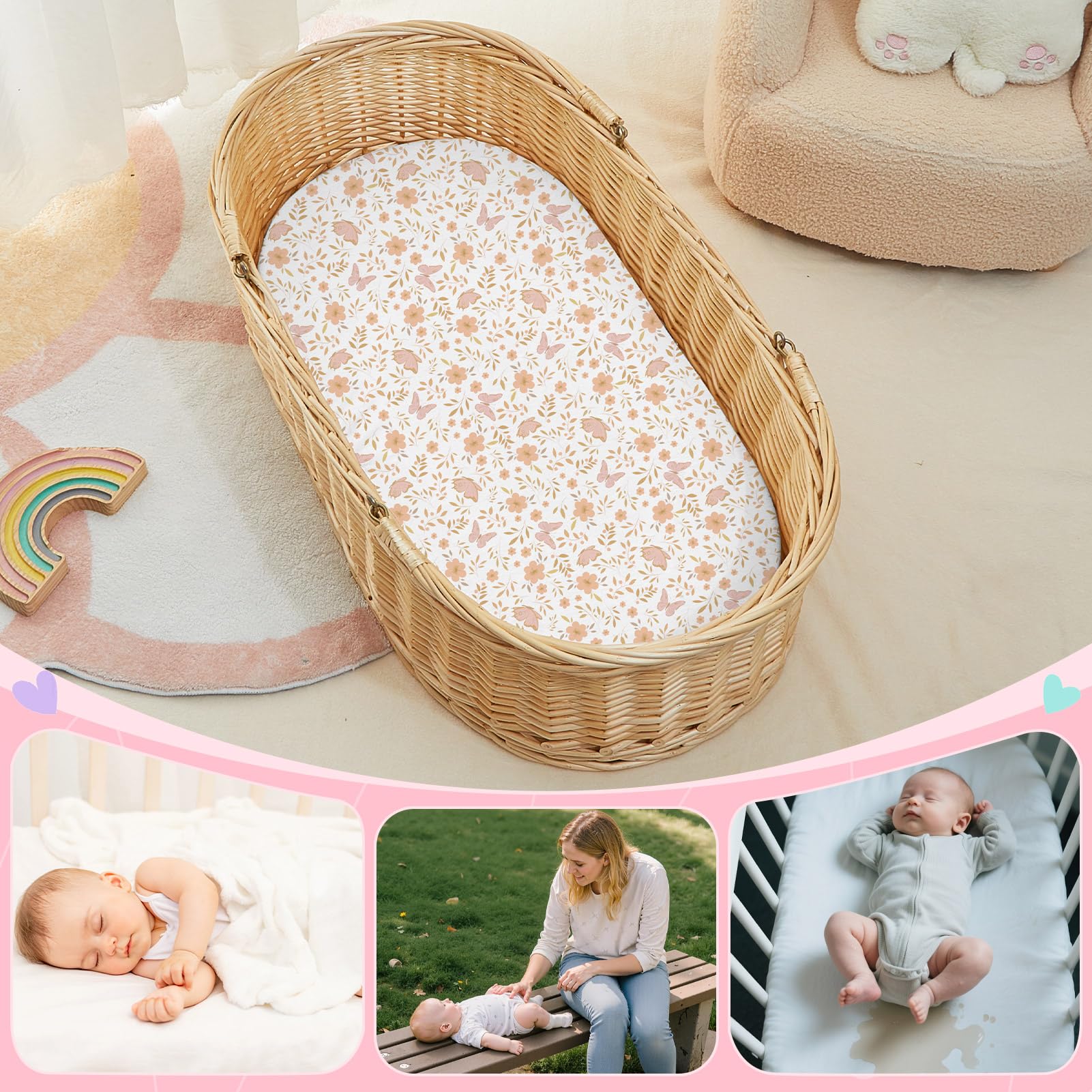 Outing-ready Fiobee bassinet sheet shown for travel use