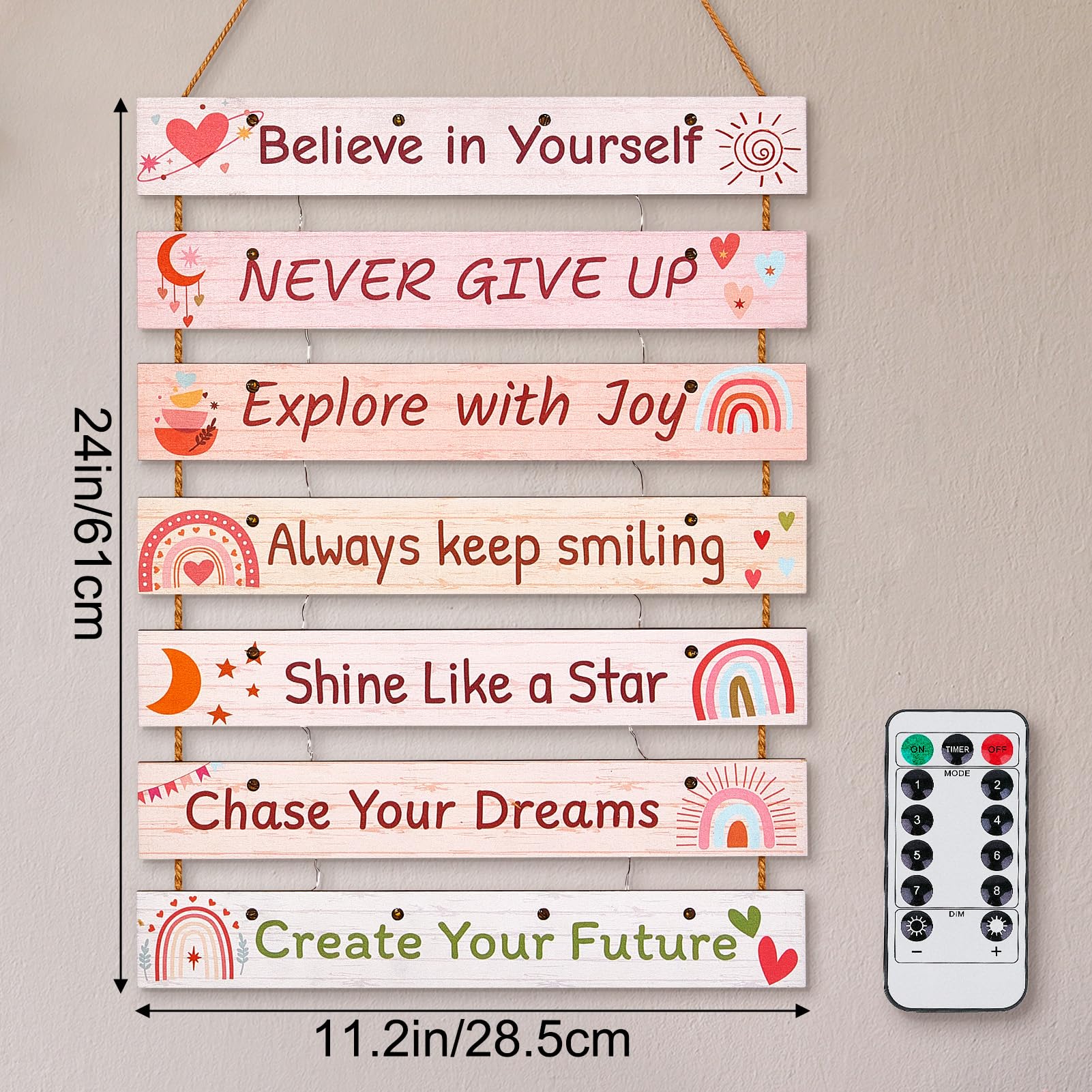Fiobee close-up of printed sayings adds colorful motivation.