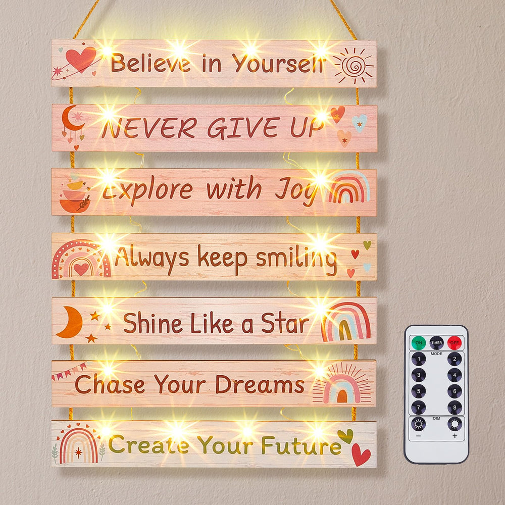 Fiobee seven-panel wall art glows softly, creating cozy teen room ambiance.