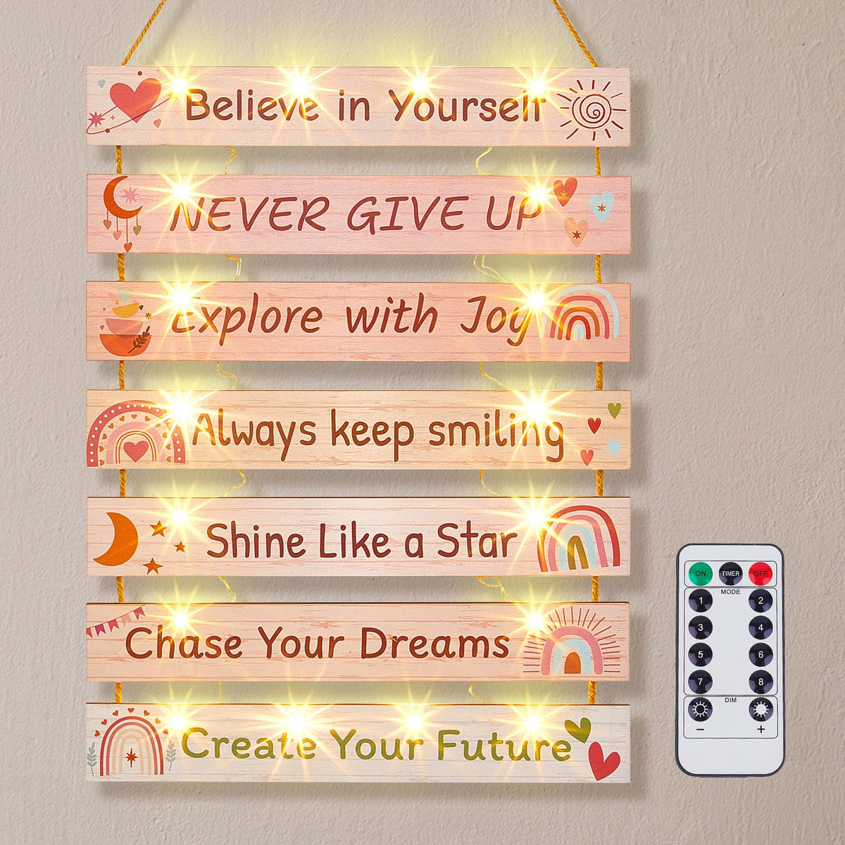 Fiobee seven-panel wall art glows softly, creating cozy teen room ambiance.