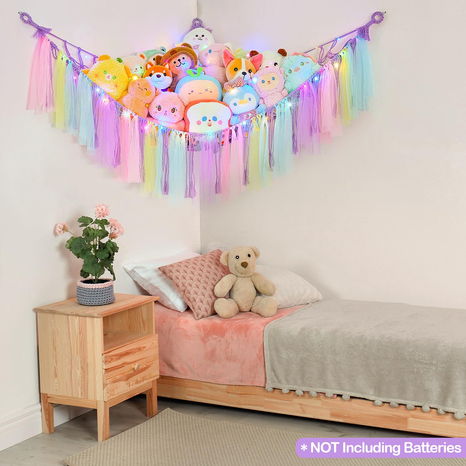 FIOBEE durable hand-woven rope net safely holds plush toys.