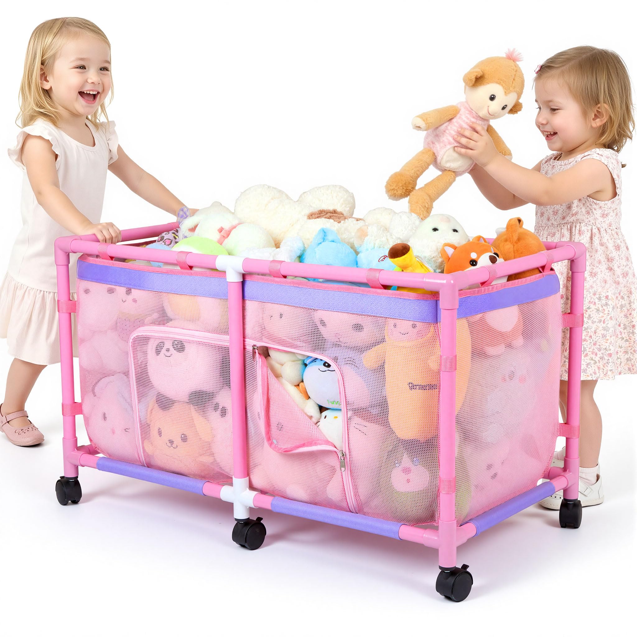 FIOBEE stuffed animal storage box with see-through mesh keeps toys visible and organized for quick tidying.