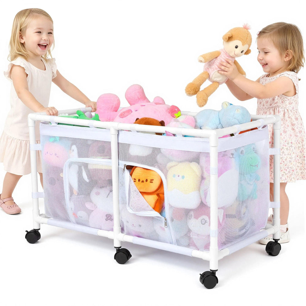 FIOBEE stuffed animal storage box with see-through mesh for quick toy visibility.