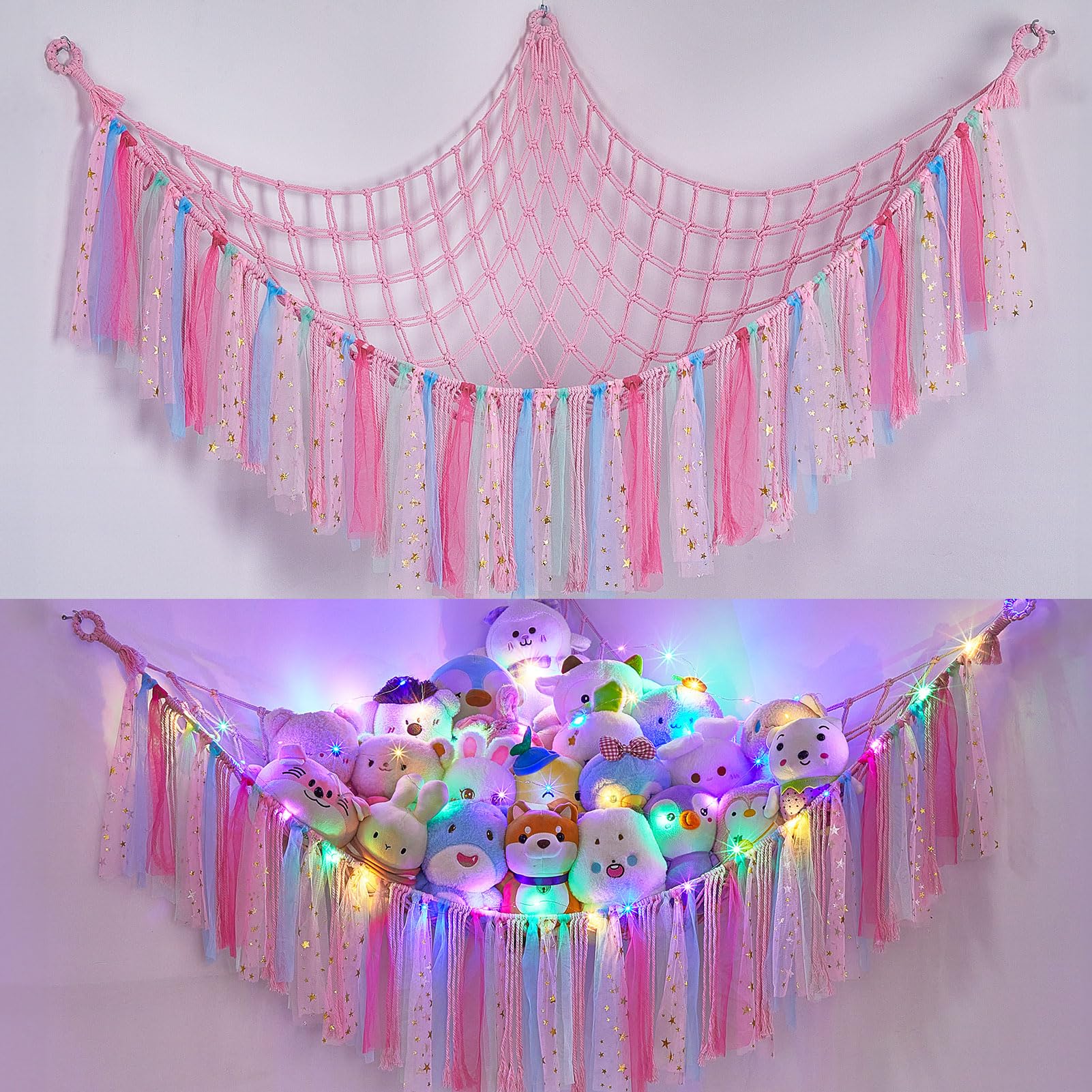 Fiobee stuffed animals hammock with LED light for cozy bedroom organization