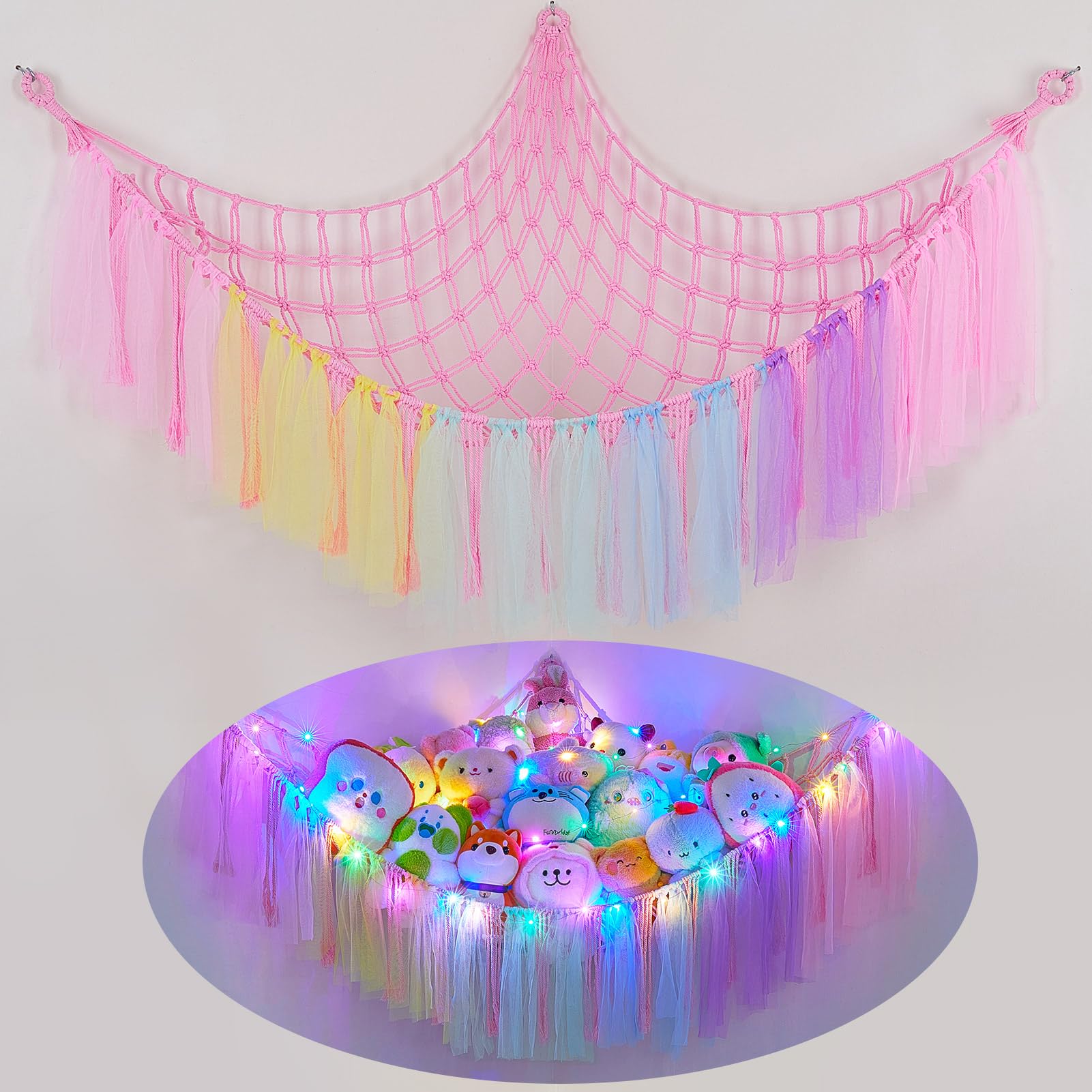 FIOBEE stuffed animals hammock with LED light brightens a child's room while organizing plush toys.