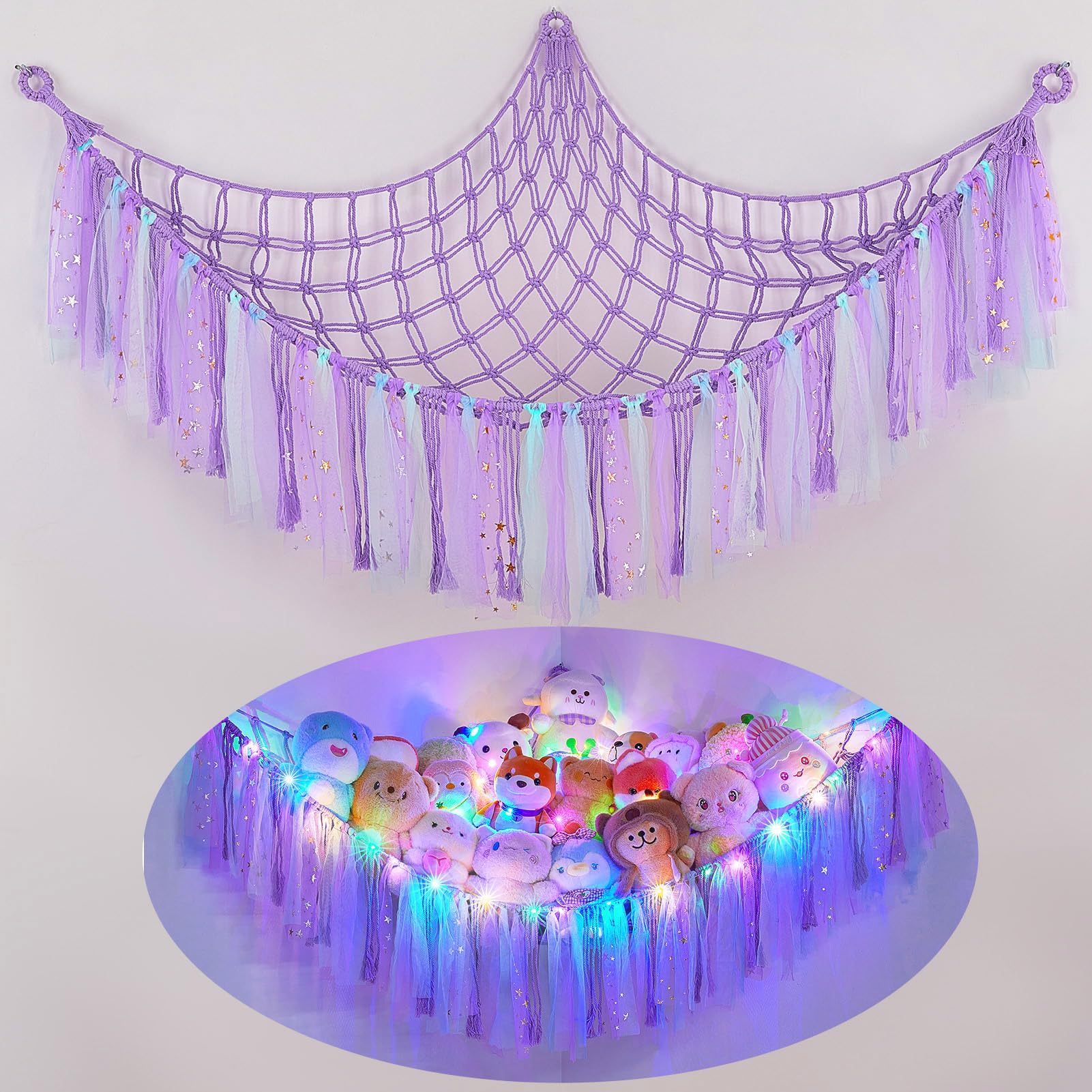 Fiobee stuffed animals hammock with LED light provides cozy night-time organization for nurseries.