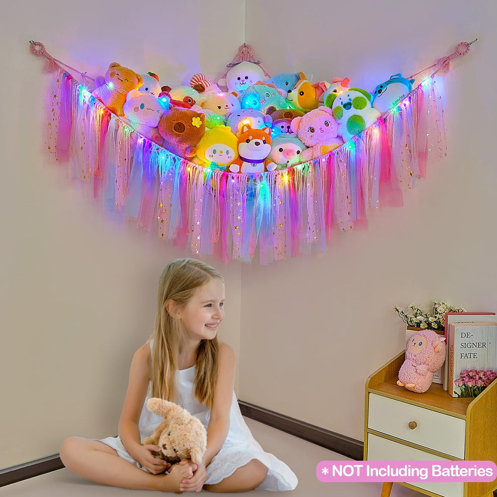 Fiobee wall-mount hammock keeps toys neatly displayed while saving floor space