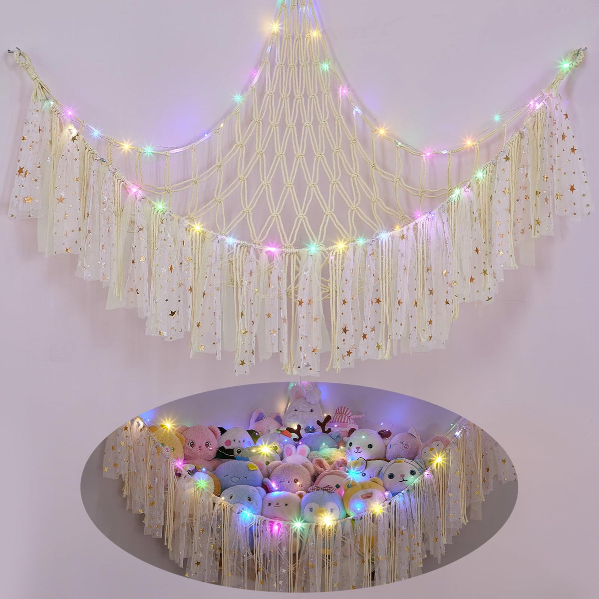 FIOBEE stuffed animals hammock with LED light brightens a nursery while organizing plush toys