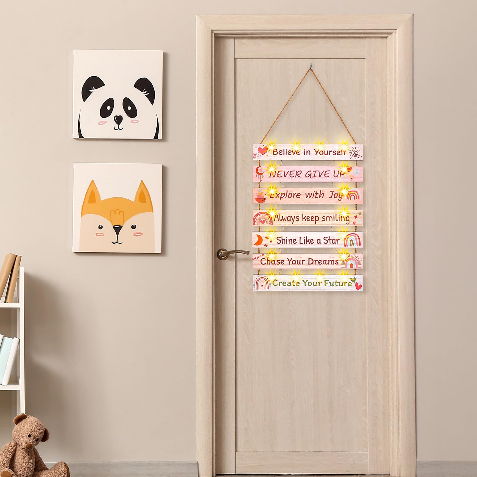 Fiobee teen bedroom layout complements study area with soft pink boho vibes.