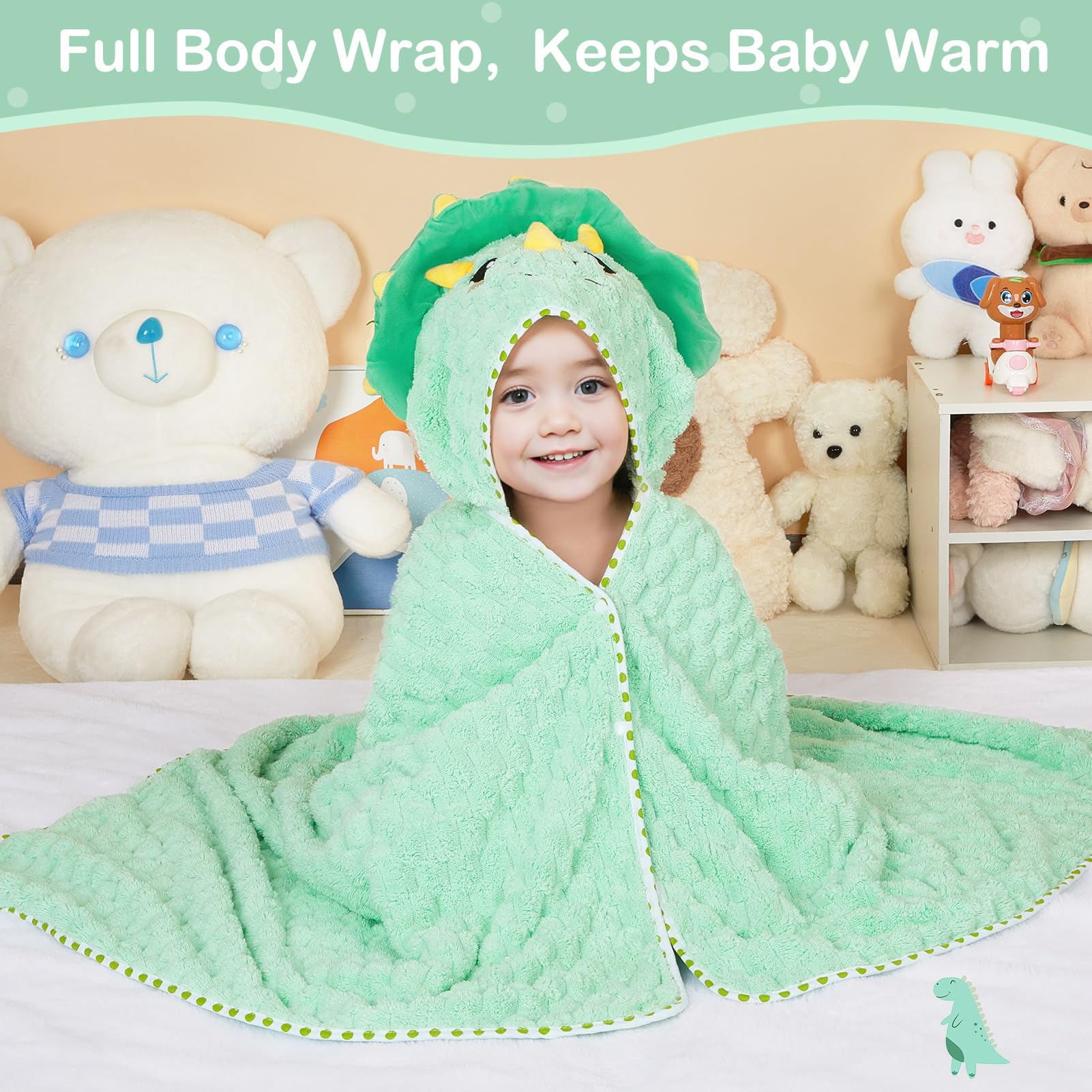 FIOBEE wearable cape style towel with dinosaur hood for hands-free drying