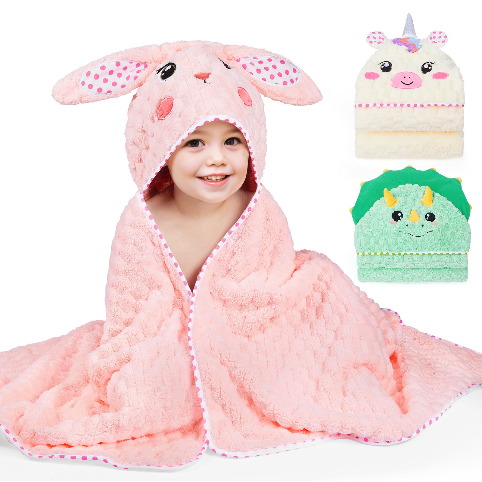 FIOBEE toddler hooded towel in pink bunny design for cozy post-bath warmth.