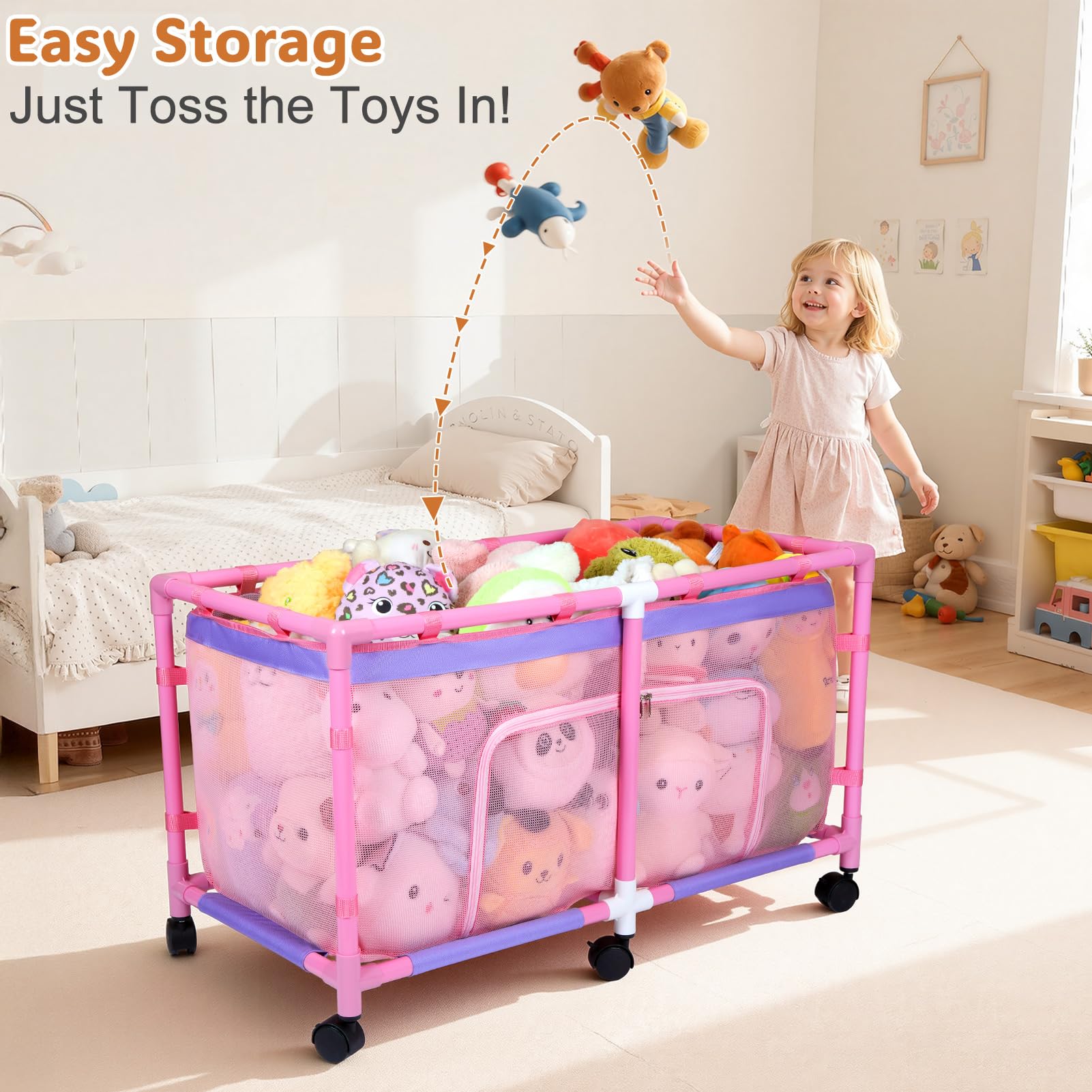 FIOBEE toy chest with 360° rotating wheels eases cleanup and moves smoothly between rooms.