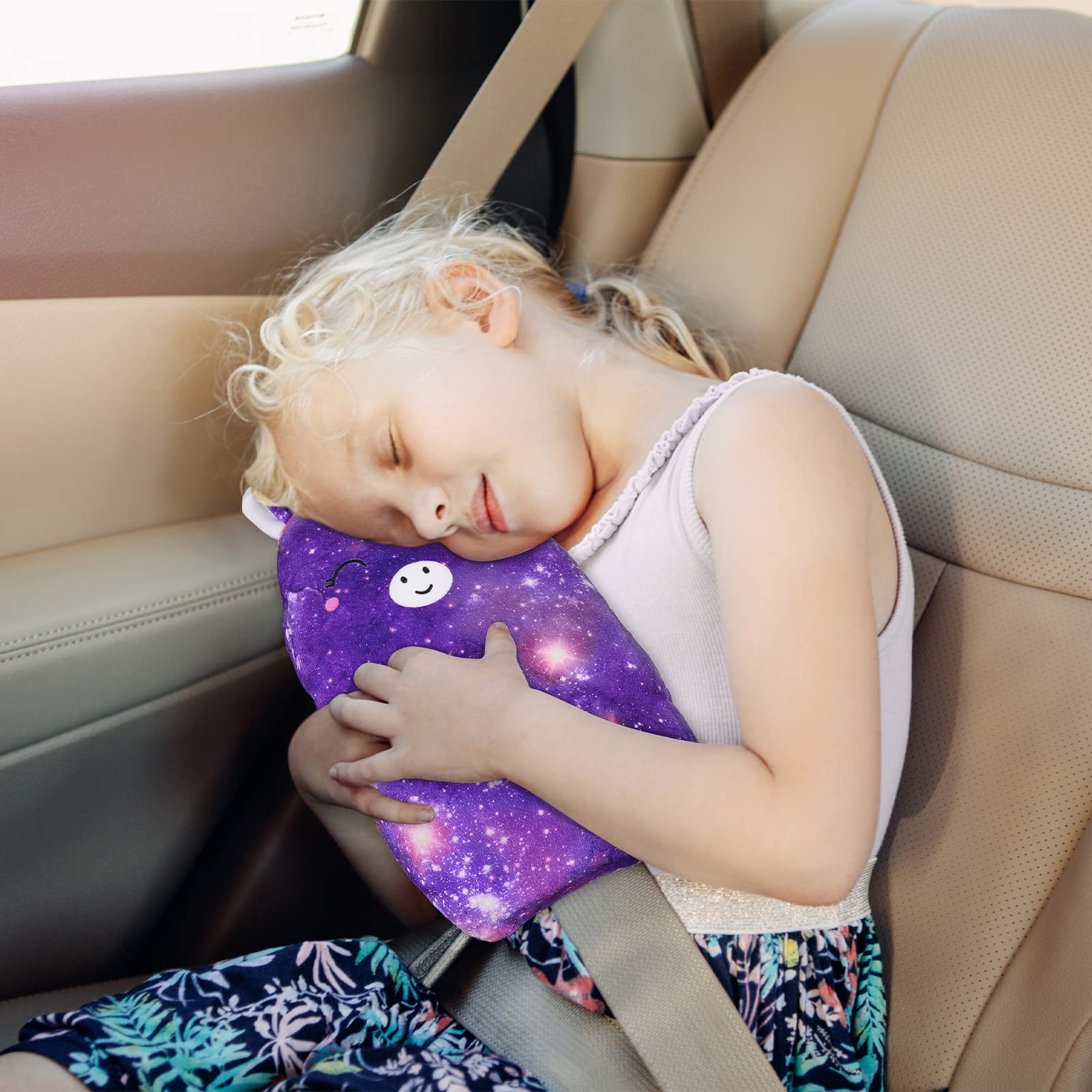 FIODAY car trip travel cushion fits most belts for quick use.