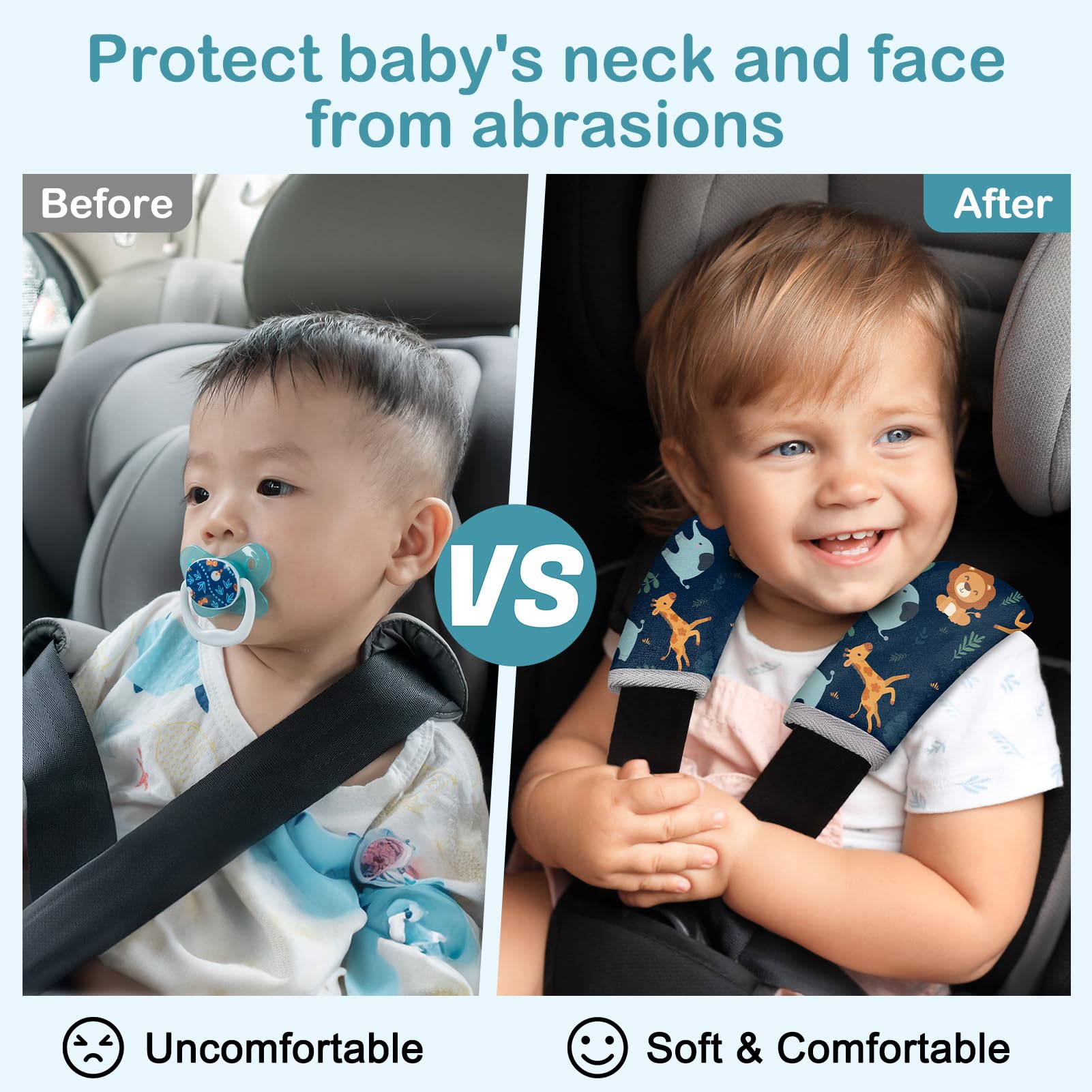 FIODAY universal-fit seat belt cover demonstrating secure fit across seats and strollers