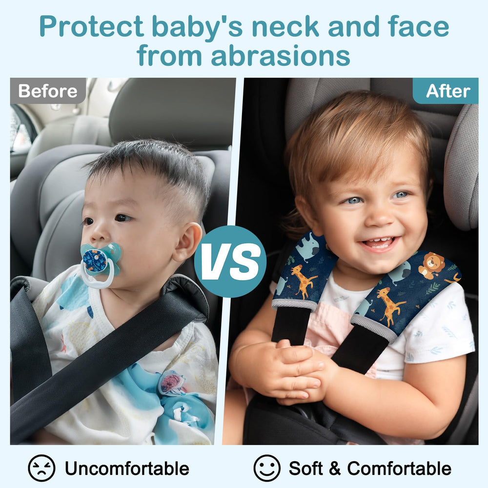 FIODAY universal-fit seat belt cover demonstrating secure fit across seats and strollers