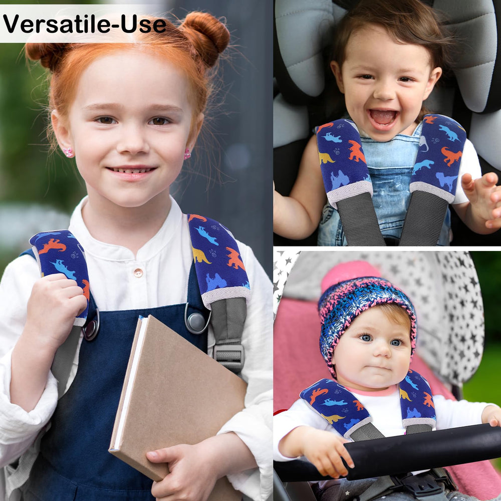 FIODAY blue dinosaur seat belt pad, back view with neatly wrapped edges.