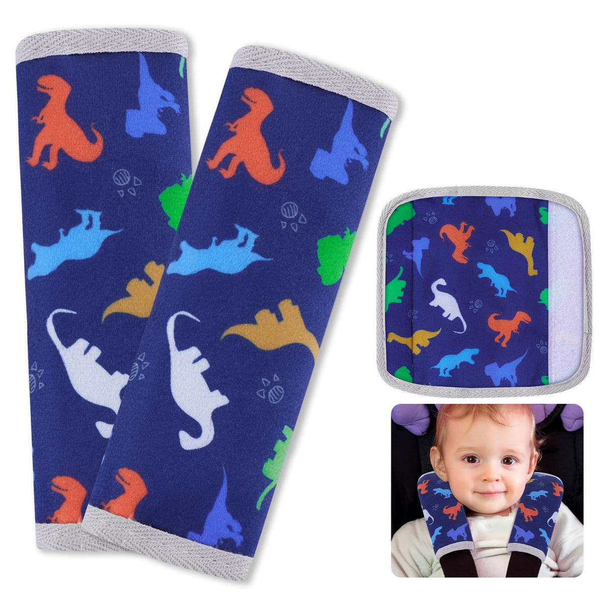 FIODAY blue dinosaur seat belt pad, left view, soft protection for baby's skin during car rides.