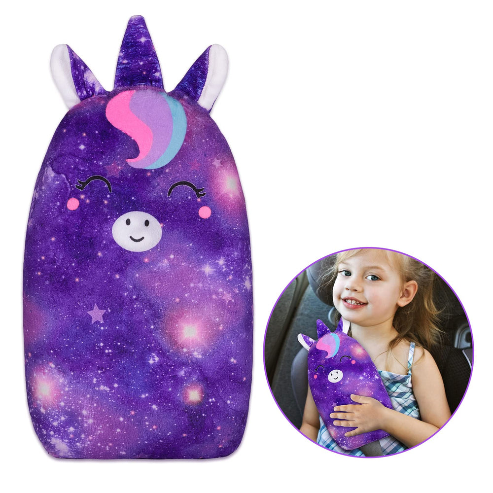 FIODAY unicorn seatbelt pillow in deep purple provides gentle neck support.