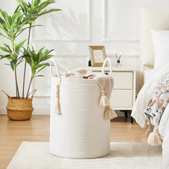 Fiona's magic laundry hamper in living room setting blends with decor.
