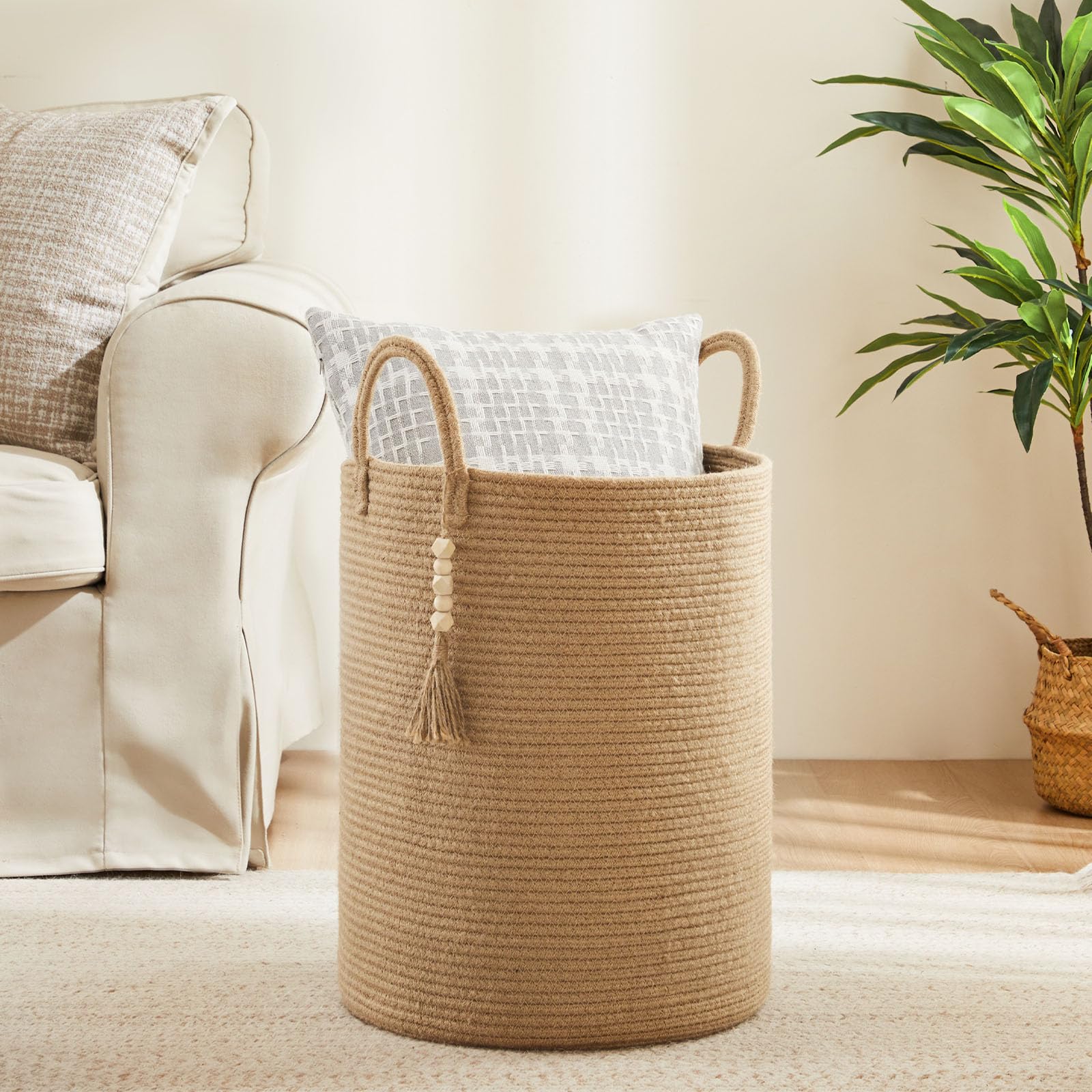 Fiona's magic hamper in living room offers tidy storage with style.