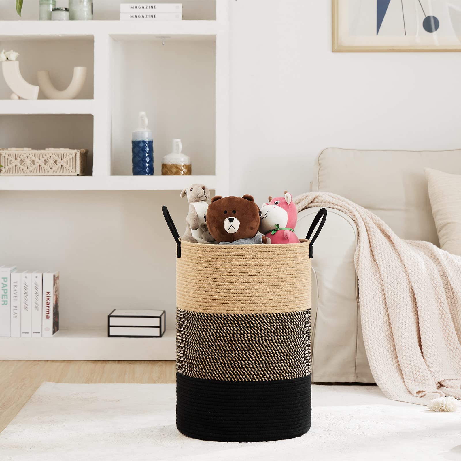 Fiona's magic tall cotton rope basket sturdy weave for blankets, toys, or laundry.
