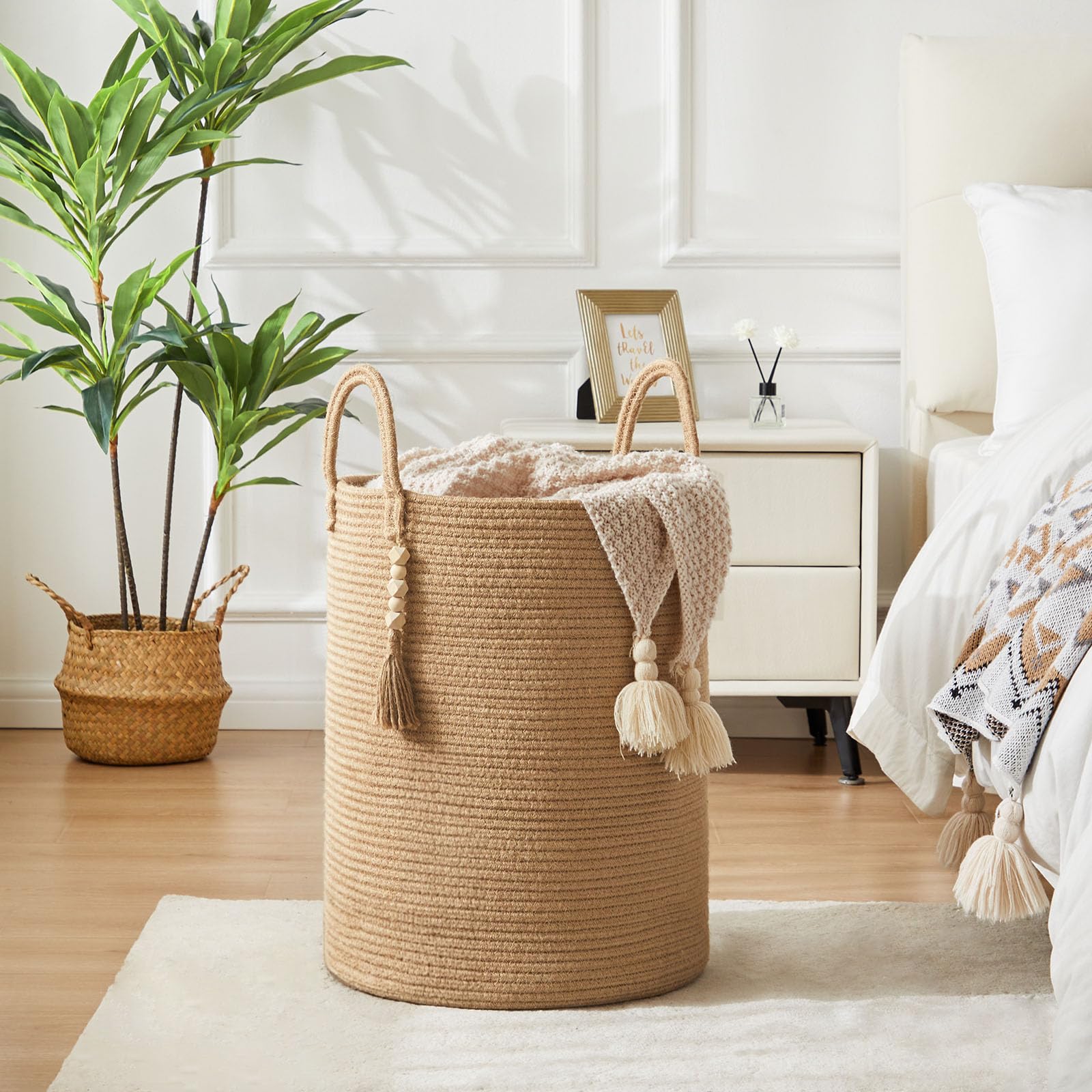 Fiona's magic tall hamper in bedroom blends with decor and organizes clothes.