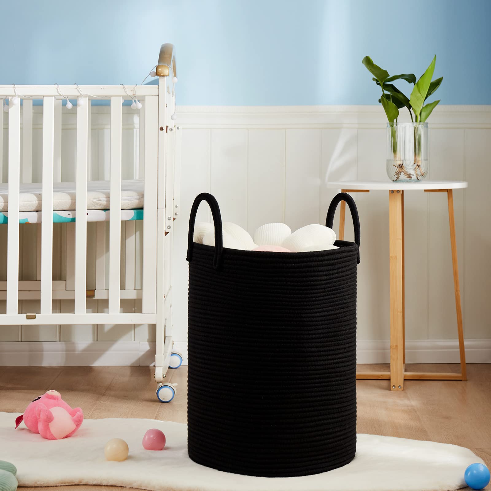 Fiona's Magic basket in living room offers breathable storage for laundry
