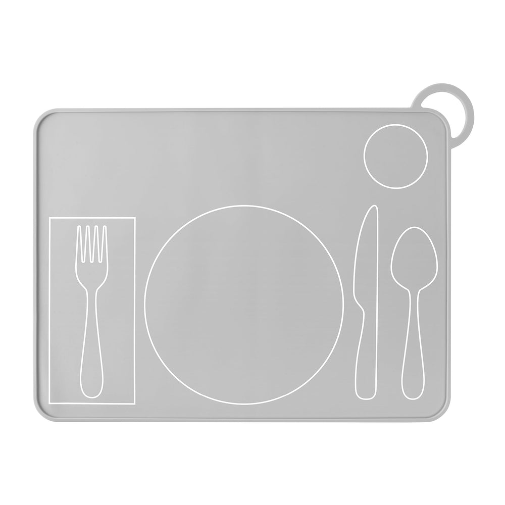 Fire Rooster Kids grey silicone placemat on table, easy-to-clean surface for messy meals