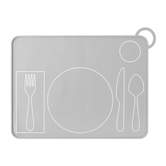 Fire Rooster Kids grey silicone placemat on table, easy-to-clean surface for messy meals