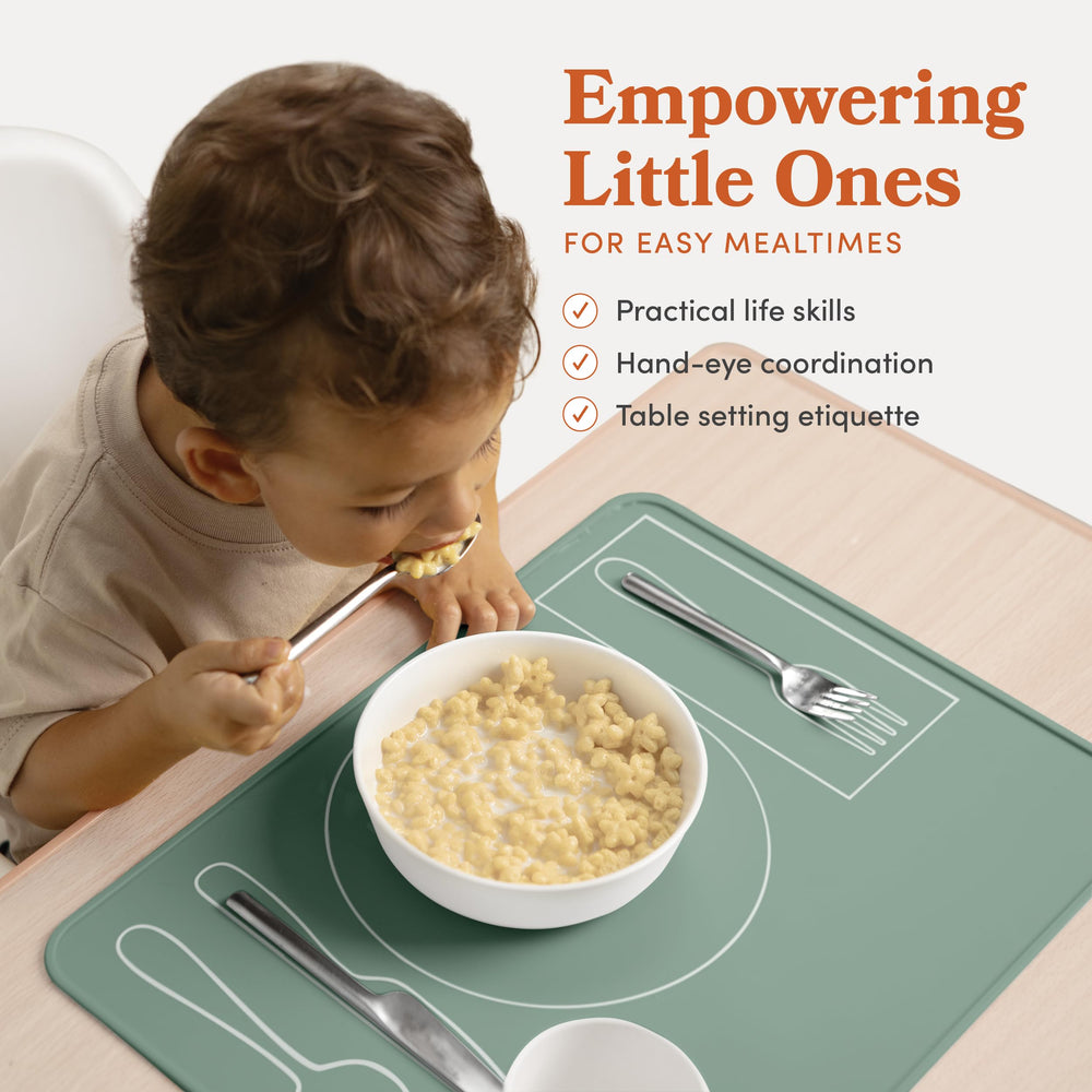 Fire Rooster Kids placemat on table with utensils, highlighting guided placement.