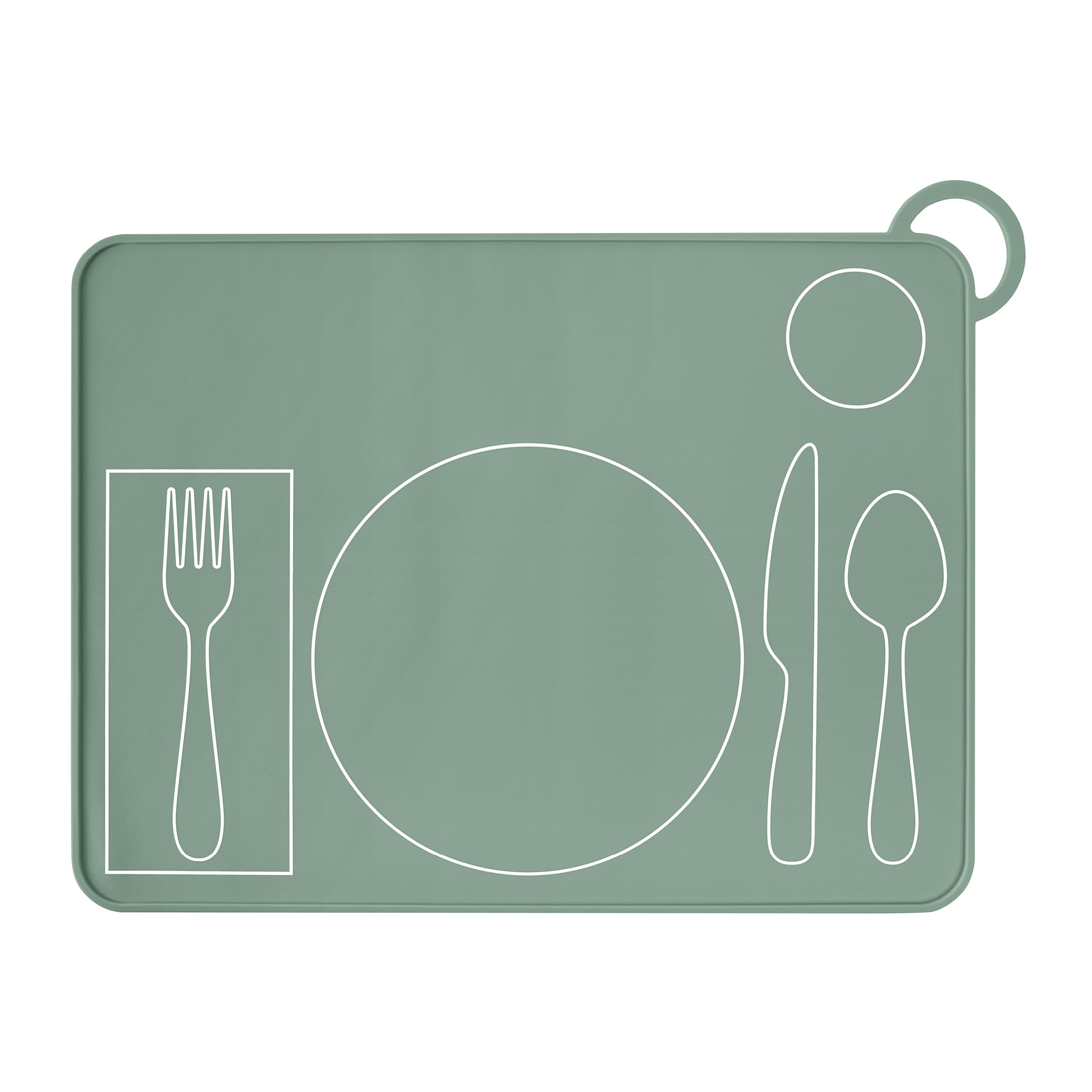 Fire Rooster Kids placemat in green with edge close-up and spill containment.