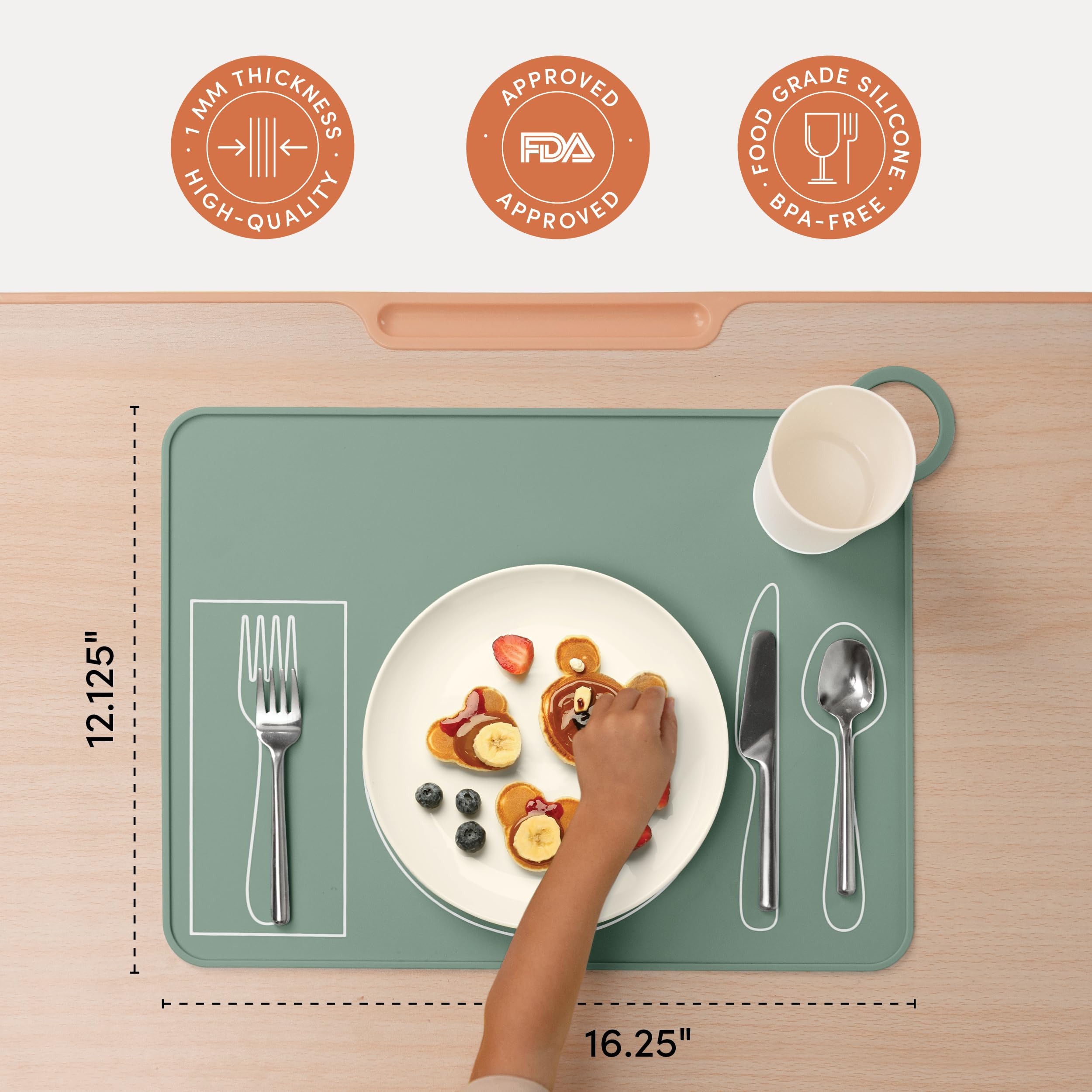 Fire Rooster Kids placemat green highlights ridged edge to contain spills.