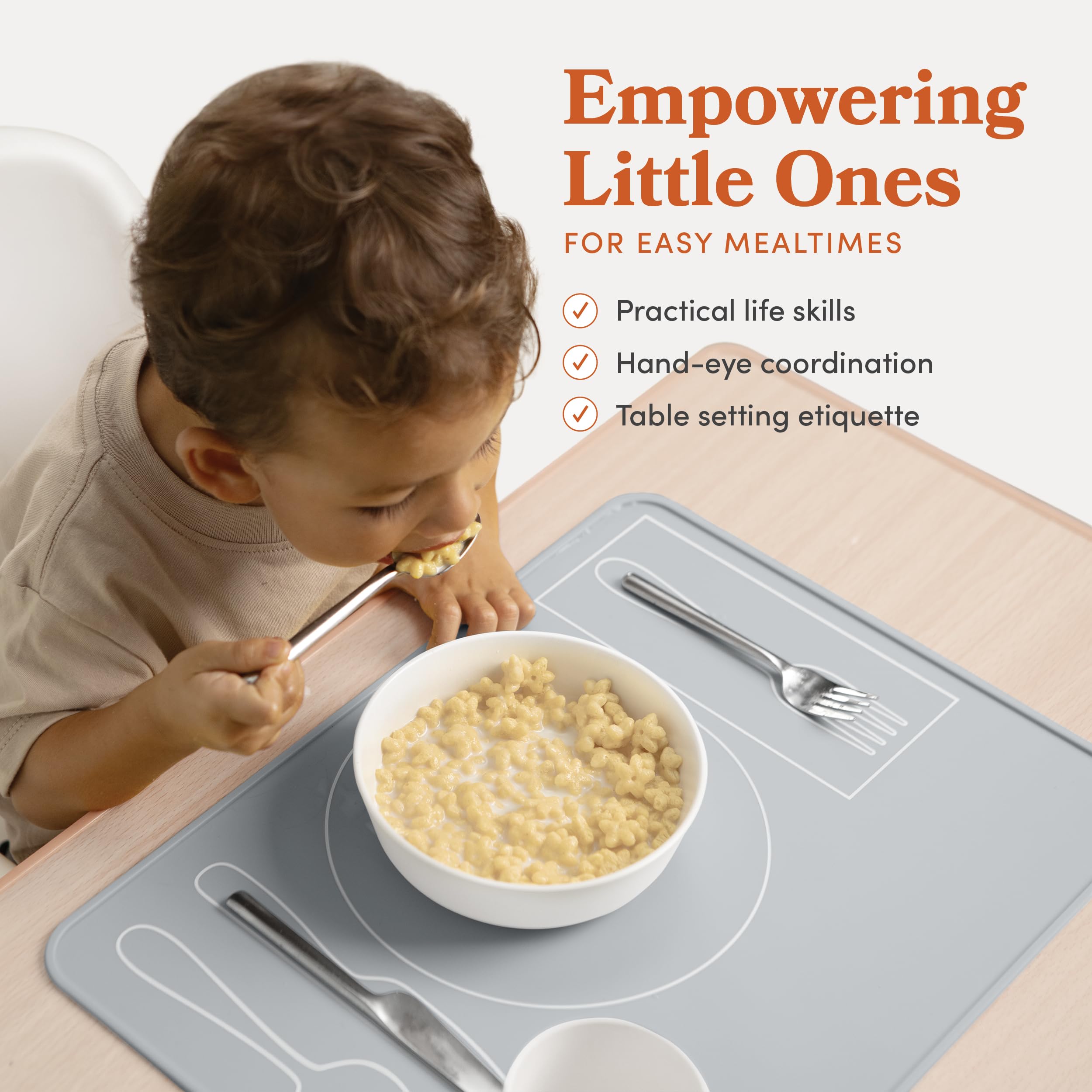 Fire Rooster Kids placemat ridged edge design containing spills during use.