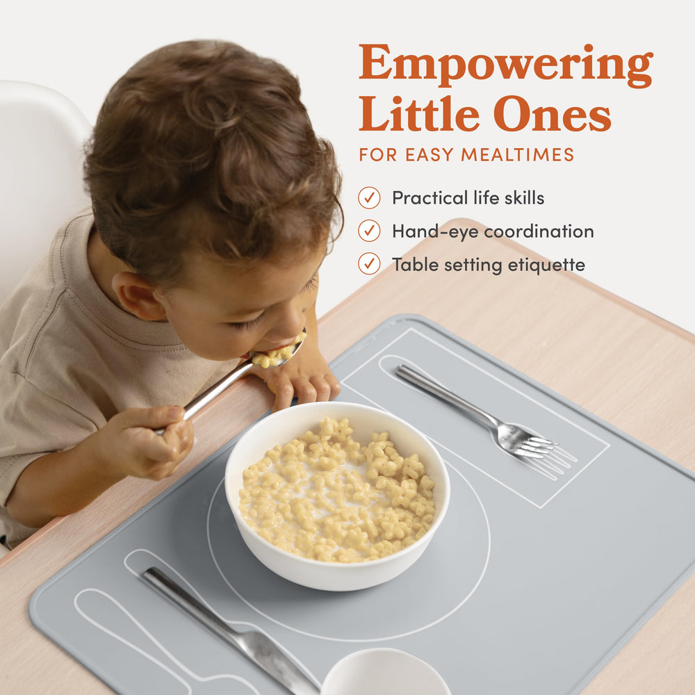Fire Rooster Kids placemat showing utensil-placement guide for independent dining