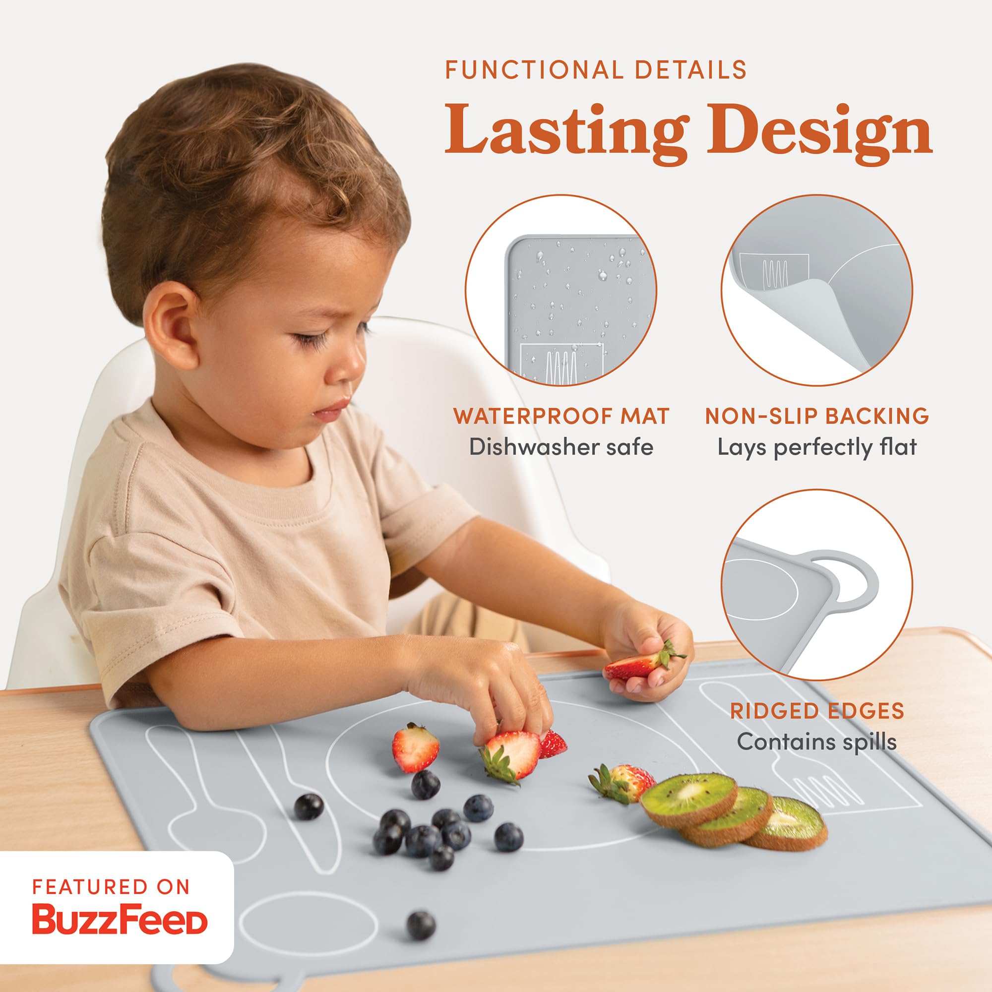 Fire Rooster Kids placemat with utensil placement cues for independent dining.