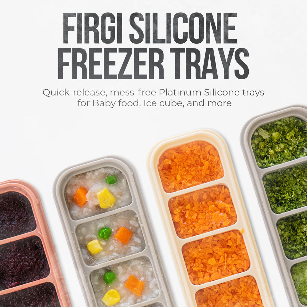 Firgi tray closeup highlights clear 0.7 oz cubes ideal for baby meals.