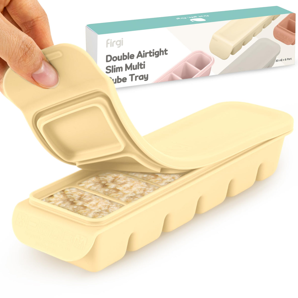 Firgi silicone ice cube tray with lid showing six 1oz cubes for precise portions