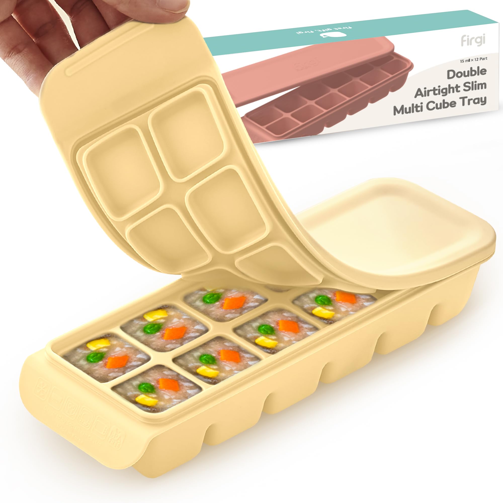 Firgi silicone ice cube tray with lid showing 12 beige cubes for portioned feedings.