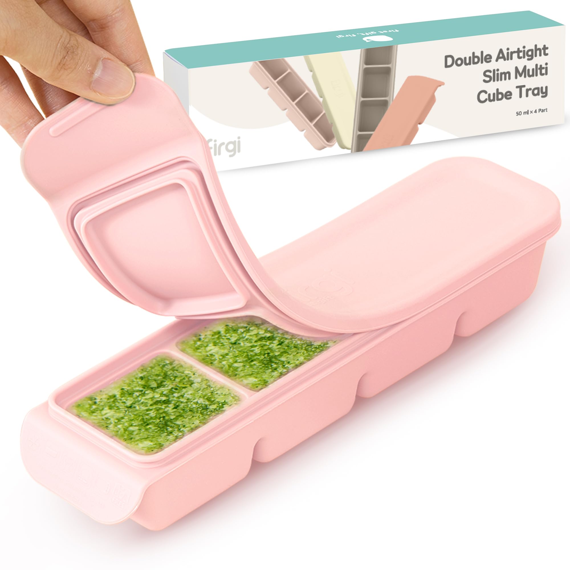 Firgi silicone ice cube tray with pastel pink lid for easy baby meal prep